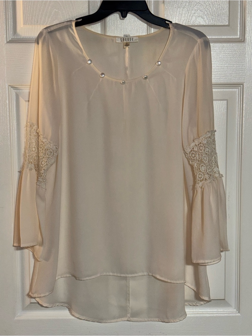 Spense Cream Pearl-Trim Lace Sleeve Blouse